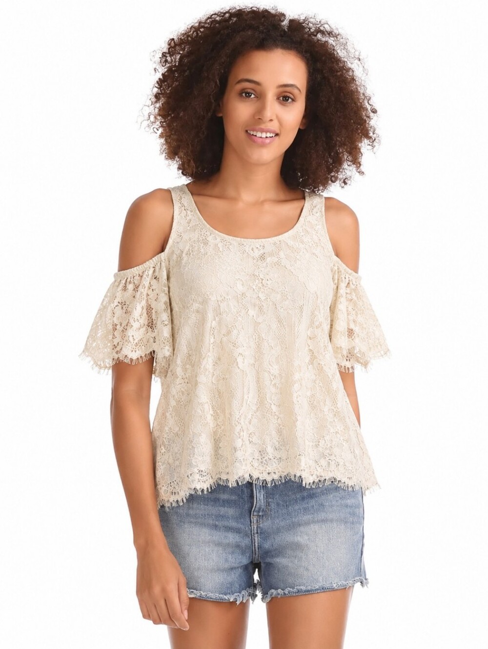 Maurices Cream Cold Shoulder Lace Boho Chic Romantic Festival Relaxed Women Top